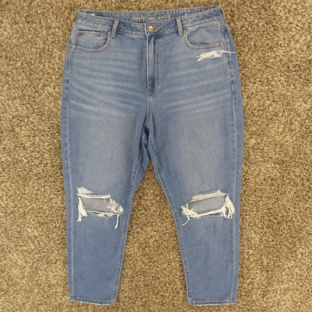 American Eagle Jeans Women's 16 Medium Wash Mom High Rise Distressed Denim